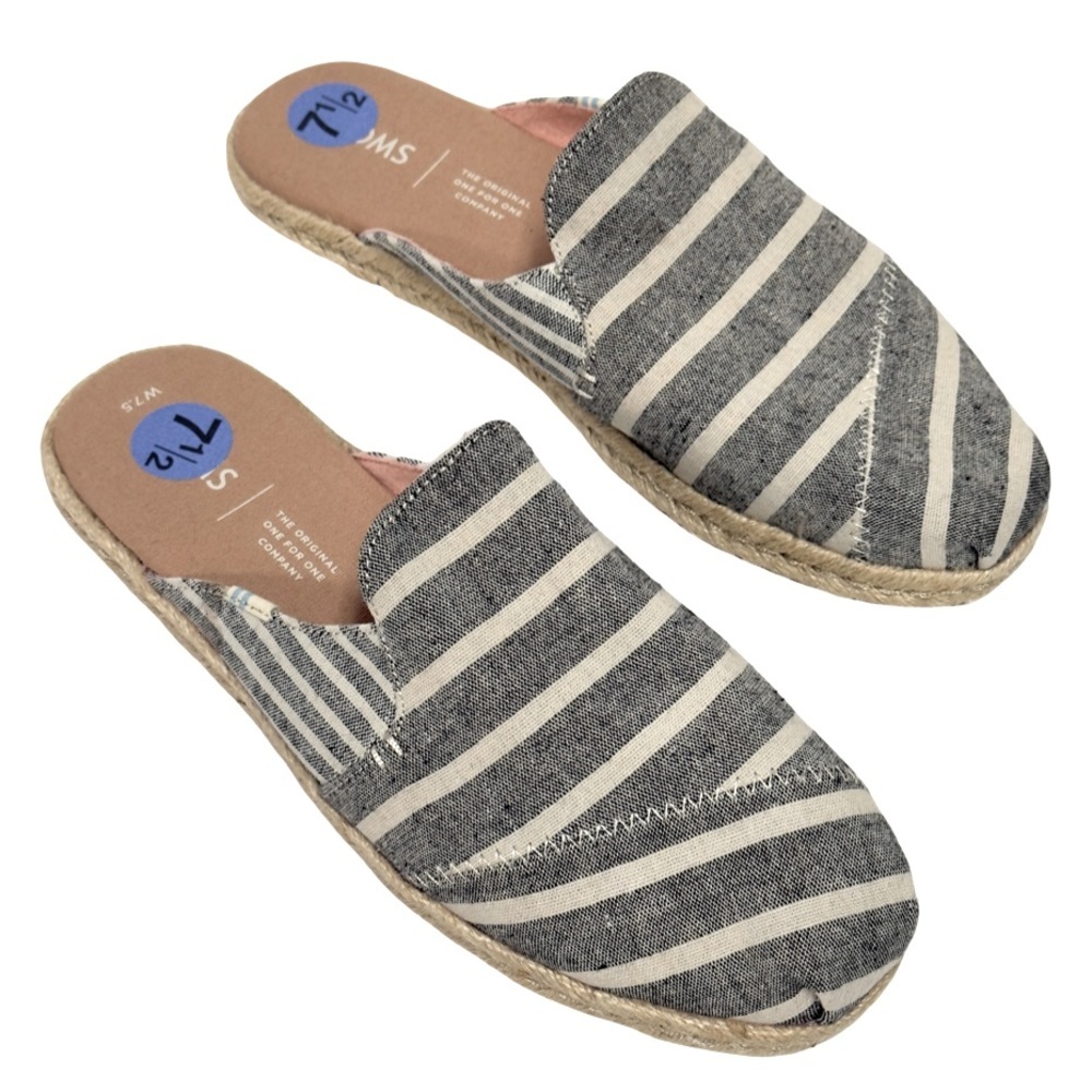 New TOMS Nova Espadrille Mules In Black Cabana Stripes Canvas Slip On Size 7.5
